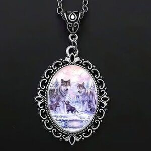 Silver Oval Shaped WOLF Pendant Necklace